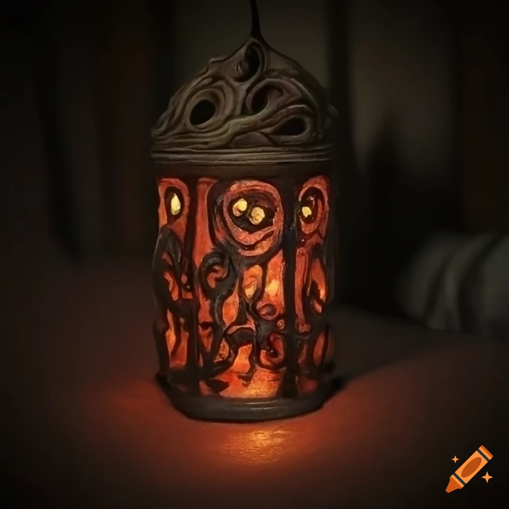 Intricately designed hand-painted lantern casting eerie shadows