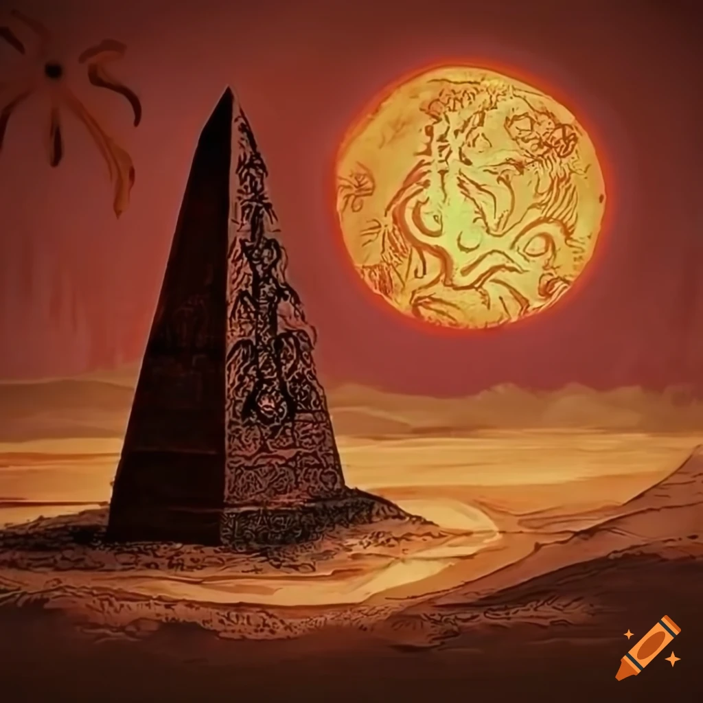 Lovecraftian Egyptian desert with an Eldritch-Fleshed Dagon obelisk in Turner style