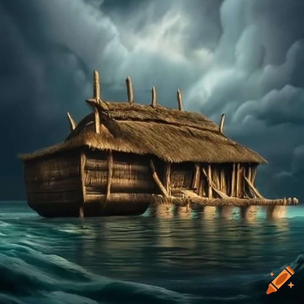 Prehistoric ark with thatched log roof sailing through stormy seas