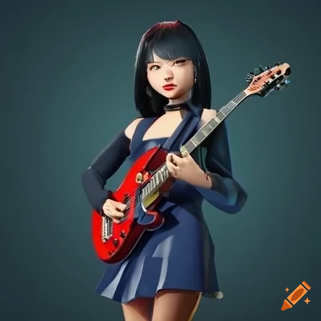 Passionate Asian artist playing red electric guitar in navy dress
