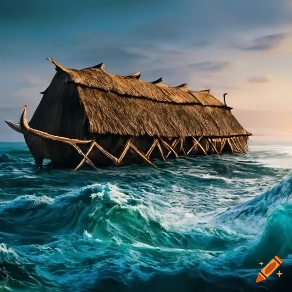 Prehistoric ark with a thatched roof sailing in stormy ocean waves