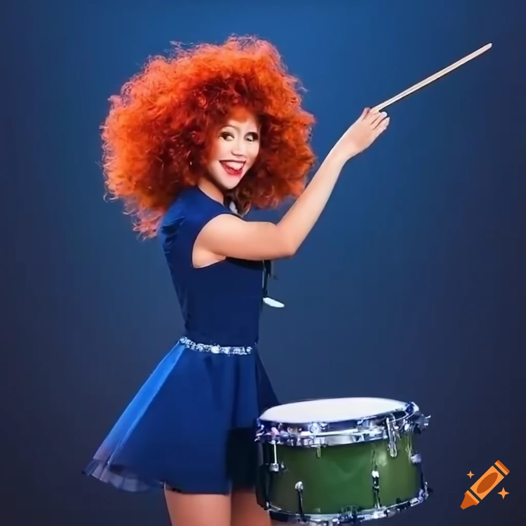 Asian drummer with vibrant orange curls performing on green drums