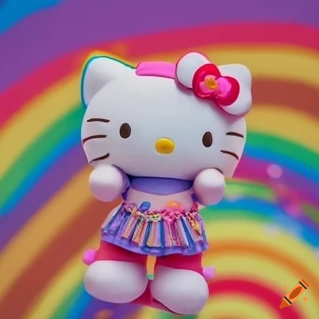 Hello kitty character at a pride parade with rainbow colors on Craiyon