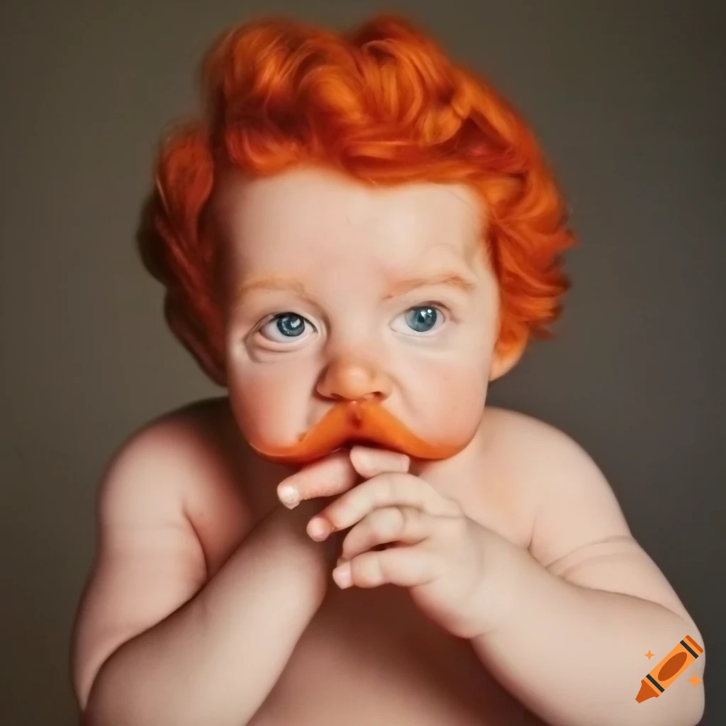 Depression era baby with red hair and a handlebar mustache looking gleeful
