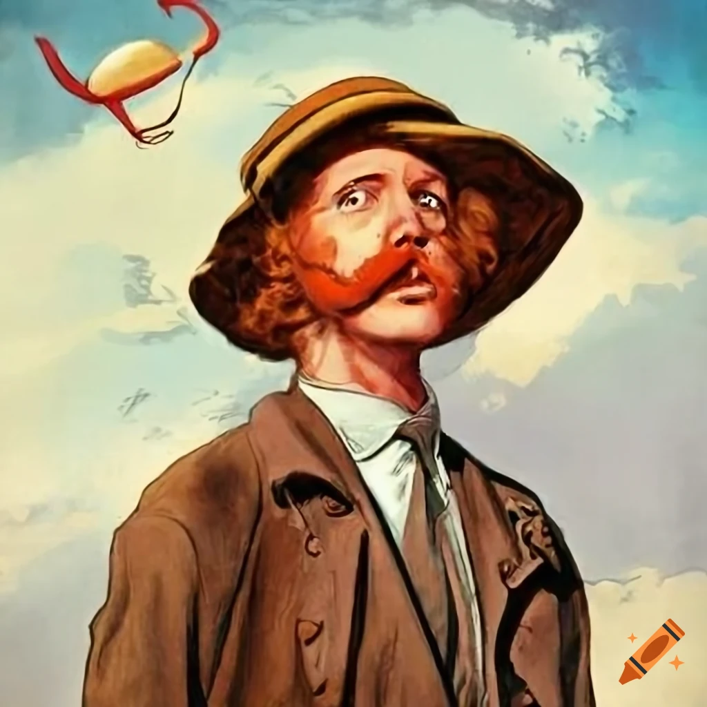 Young Scottish explorer piloting a 1930s airship with wild red hair and bushy handlebar mustache