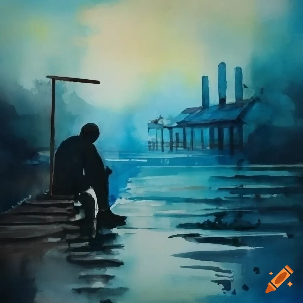Watercolor painting of an abandoned factory by the water with a silhouette of a lonely man