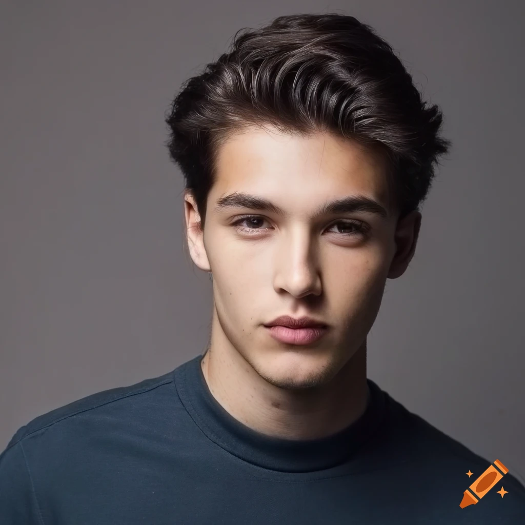 Headshot of a serious 23-year-old male with brunette hair in natural lighting
