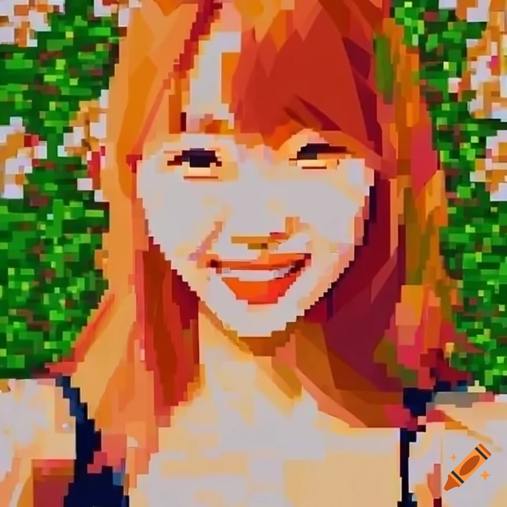 Smiling korean cheerleader beauty in blooming garden in low poly pixel art style