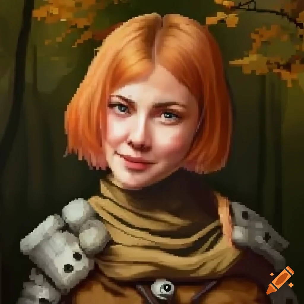 Pixel art portrait of a smiling Russian JRPG heroine with wolf pelt armor honing her sword skill in an autumn garden