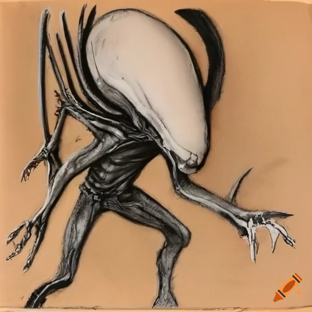 Xenomorph stalking in a charcoal drawing on tan paper