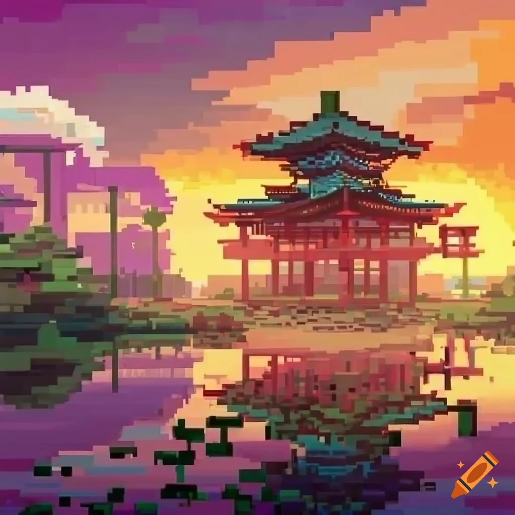 Pixel art depicting a blooming Japanese garden with temple and torii