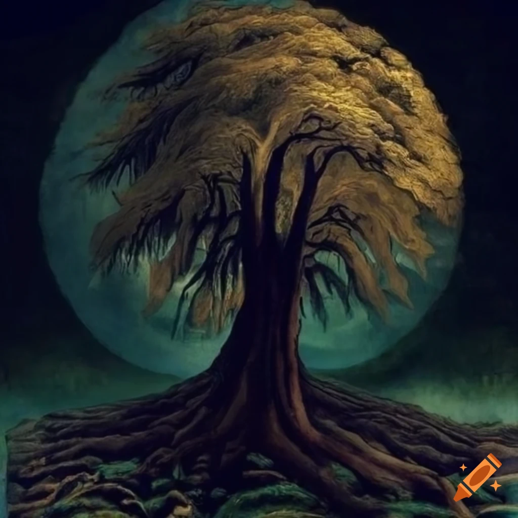 M. C. Escher-inspired stone trees under moonlight with falling stars