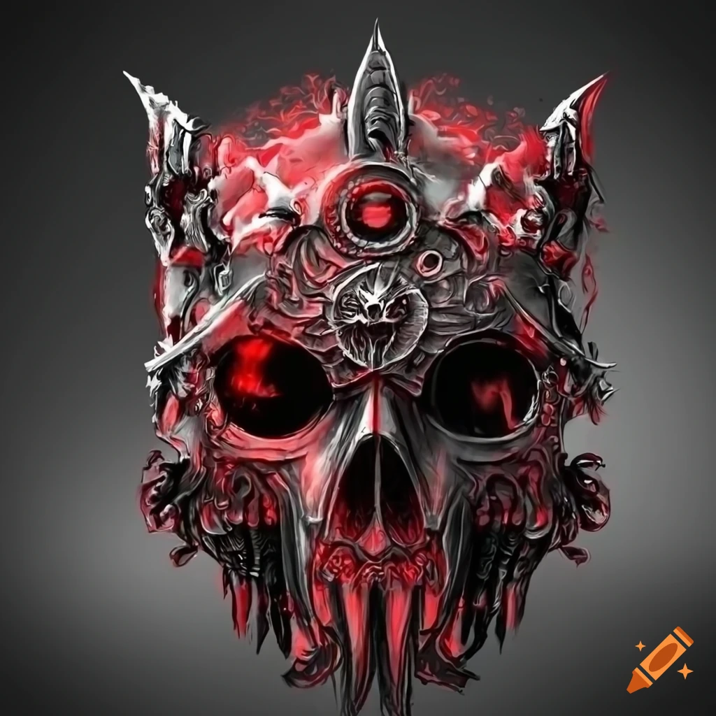 Detailed steam punk wolf metal helm in black and blood red colors