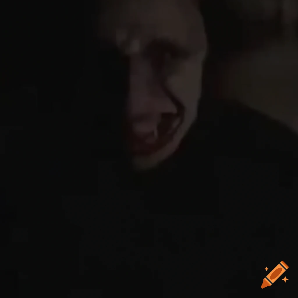Grainy VHS footage of a spooky man with a crazy smile at night