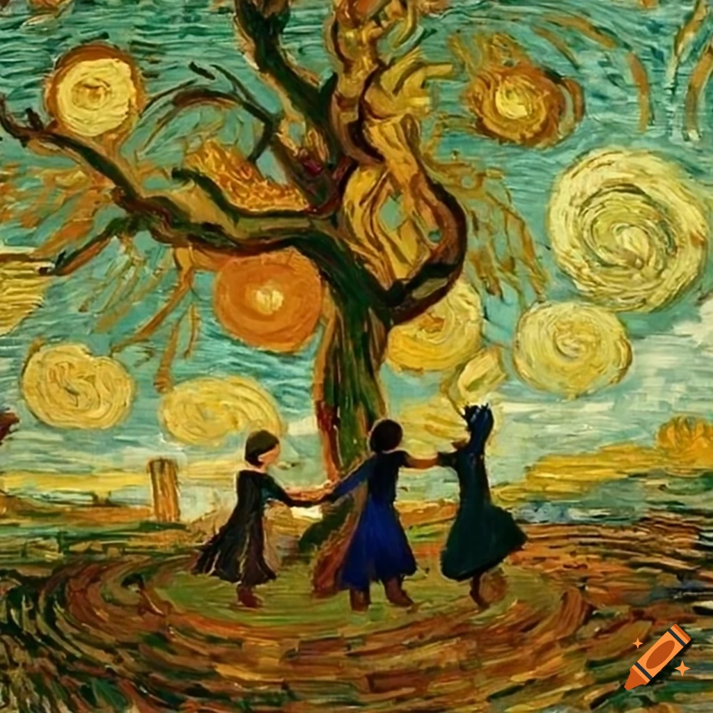 Children dancing playfully around a tree in a Van Gogh style
