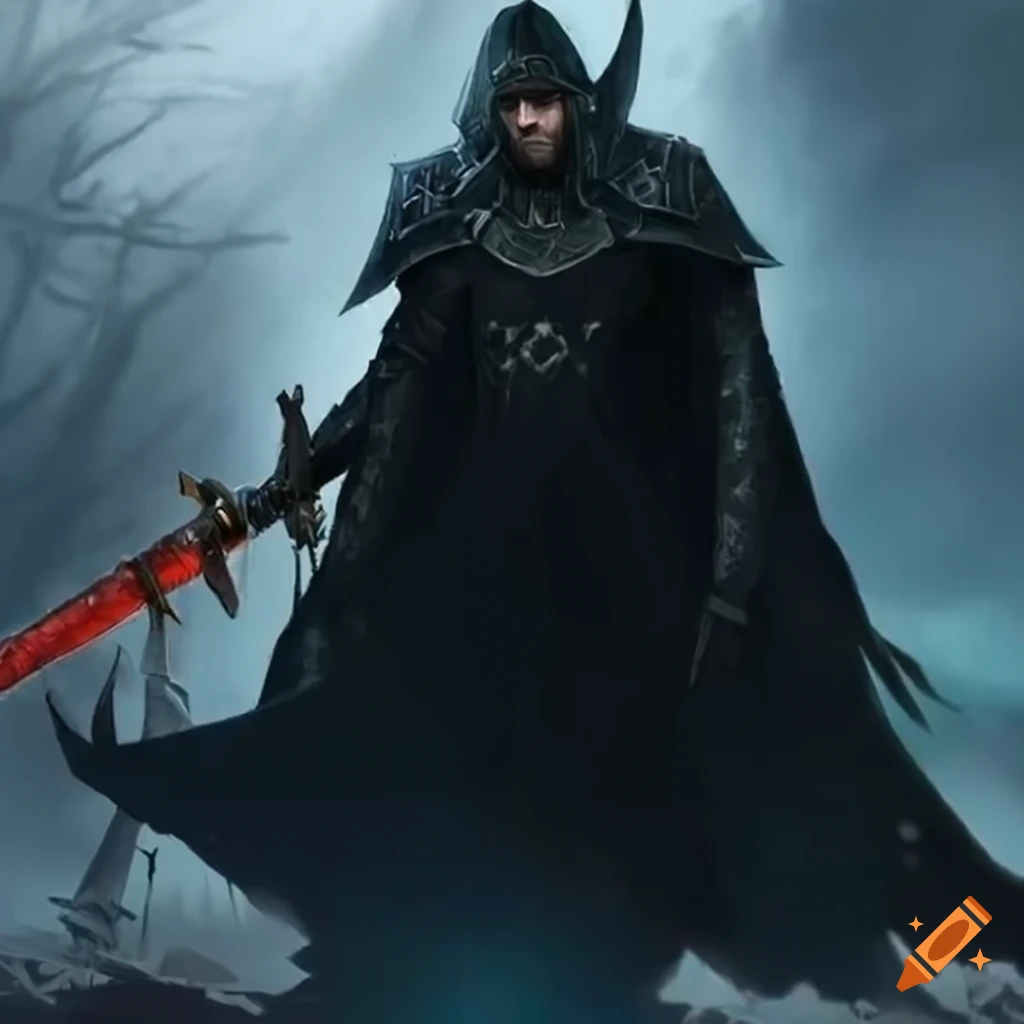 Epic dark fantasy hero swinging a great sword in tattered black cape