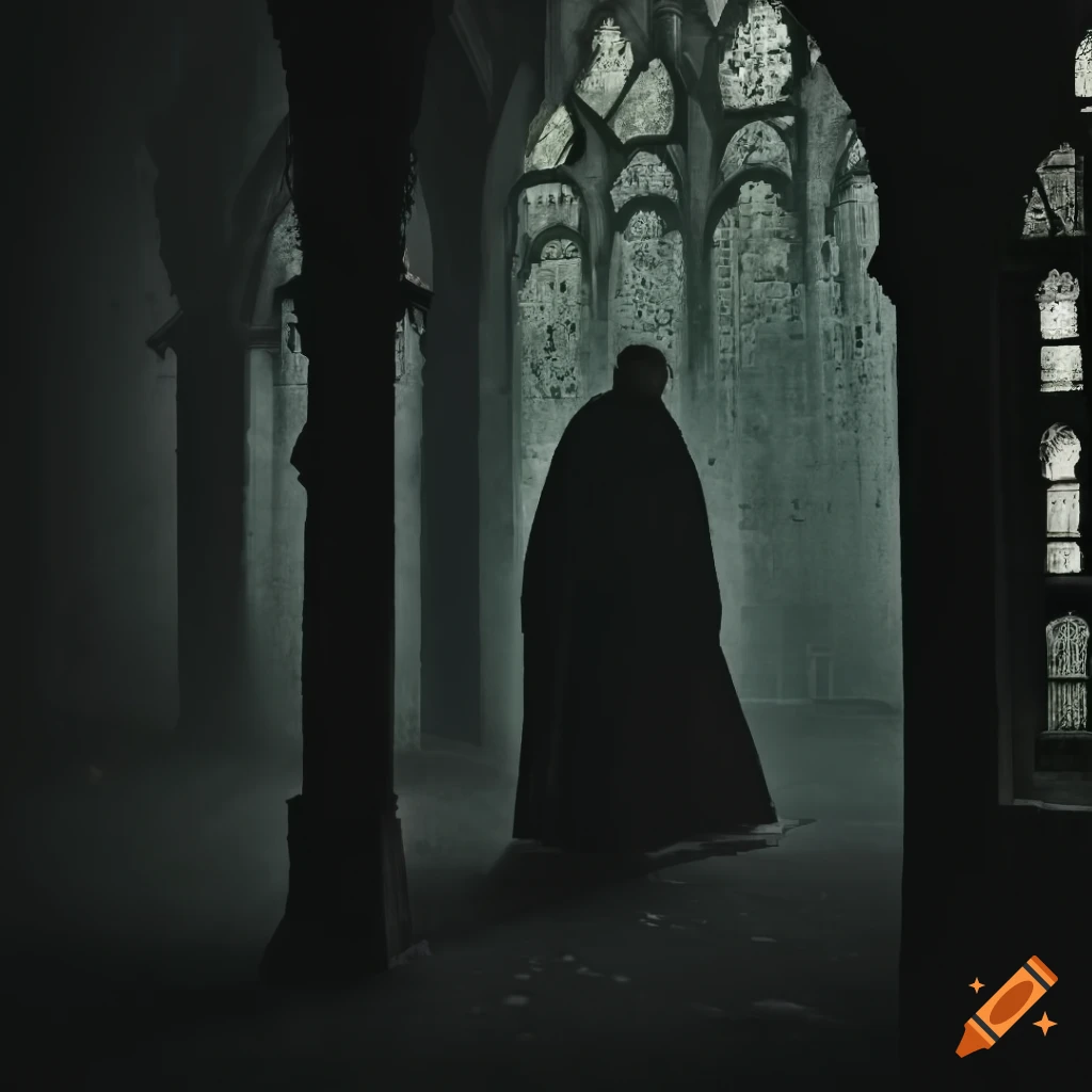 Rainy and gloomy halls with stained windows, torches, and monks in darkness