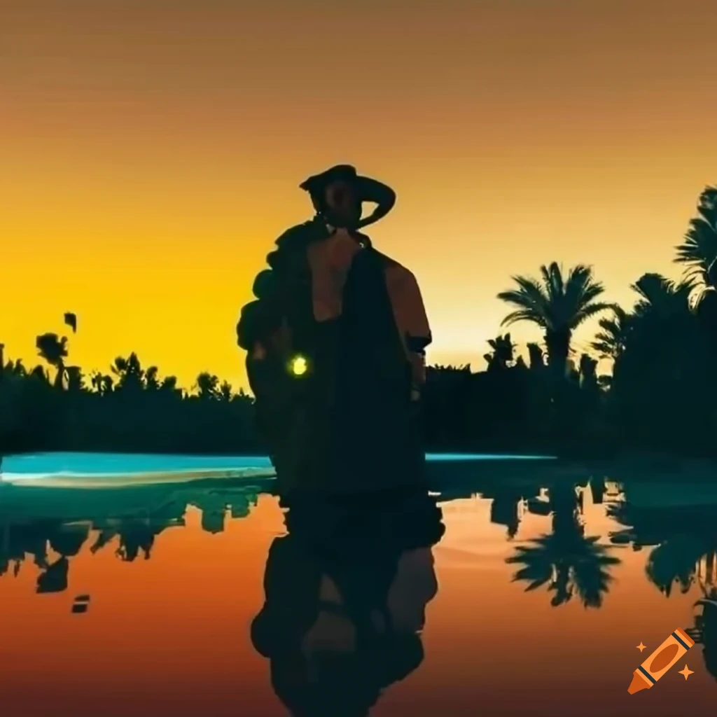 Desert travelling mercenary hiding in the shade at a reflective water pool oasis