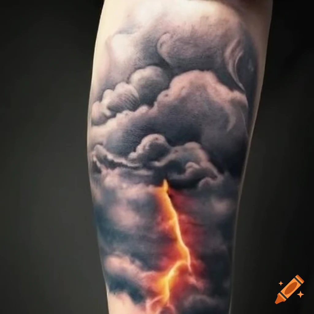 Realistic lightning clouds tattoo on upper arm