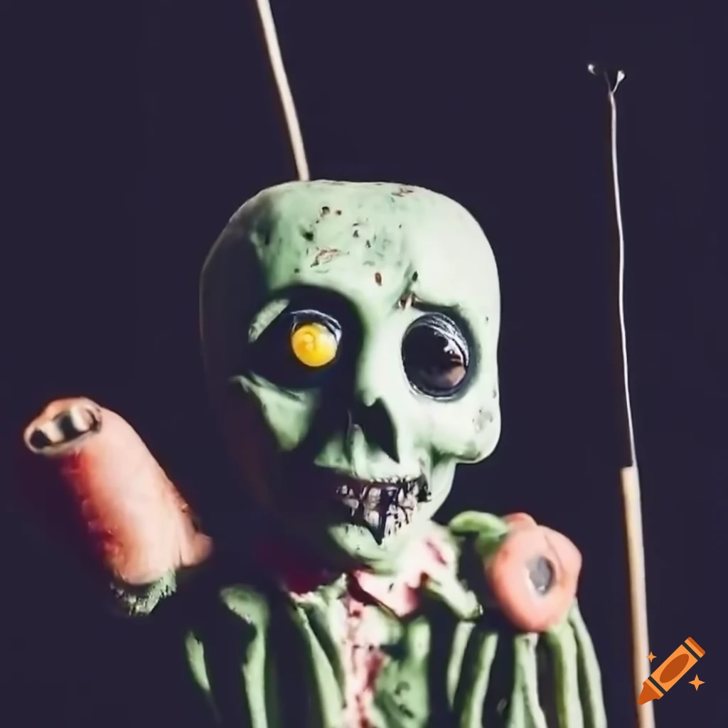 Retro 1960s-style claymation zombie with wooden eye and mechanical implants