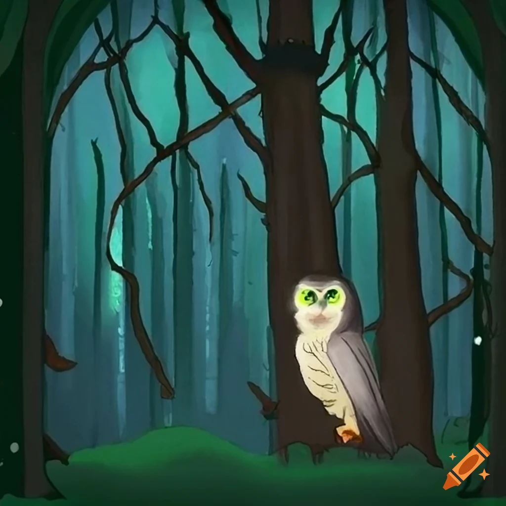Magical forest under clear night sky with a wise old owl named Oliver