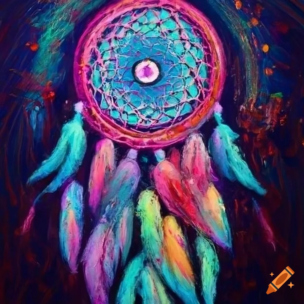 Intricately designed dreamcatcher in vibrant oil pastels