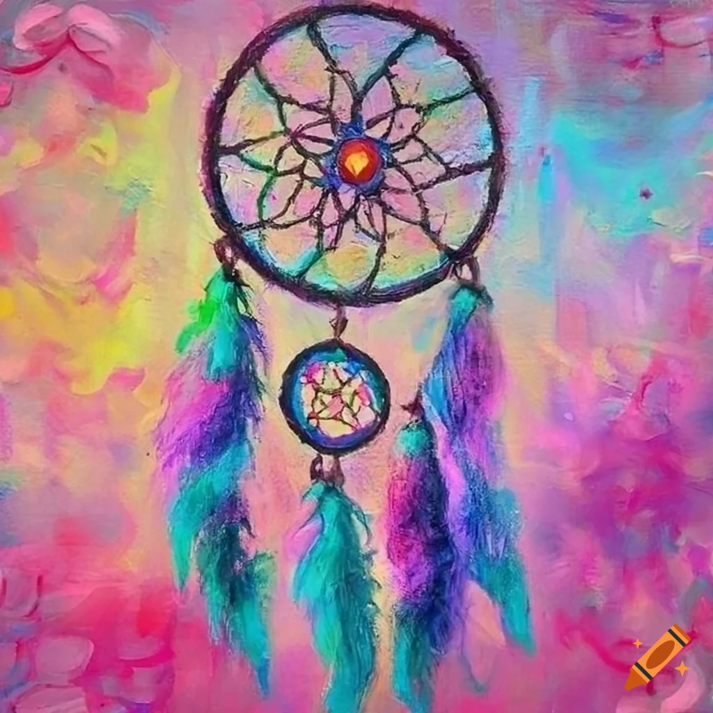 Intricately designed dreamcatcher artwork in vibrant oil pastels