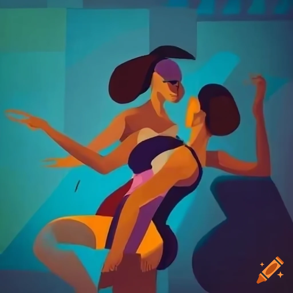 Female dancers embracing in a vibrant Cuban street scene