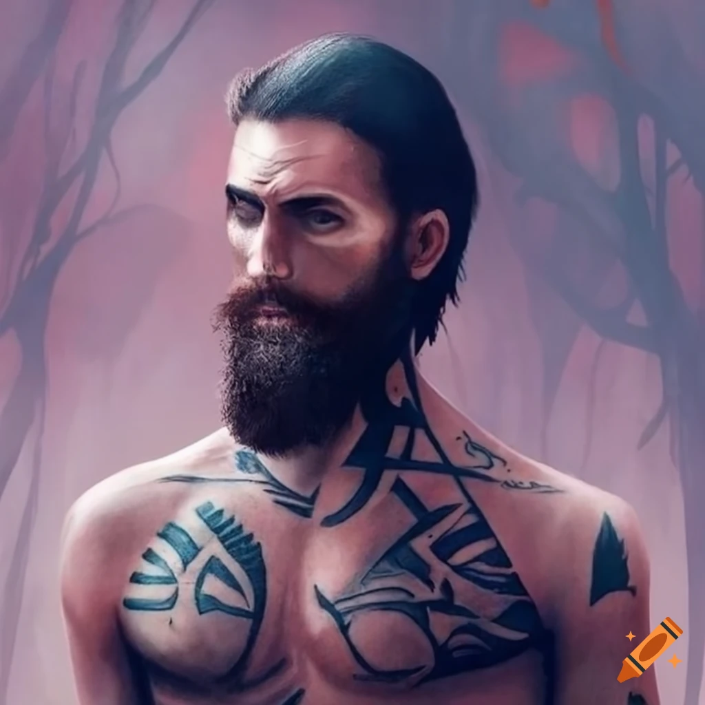 Adam with tribal tattoos in a misty garden