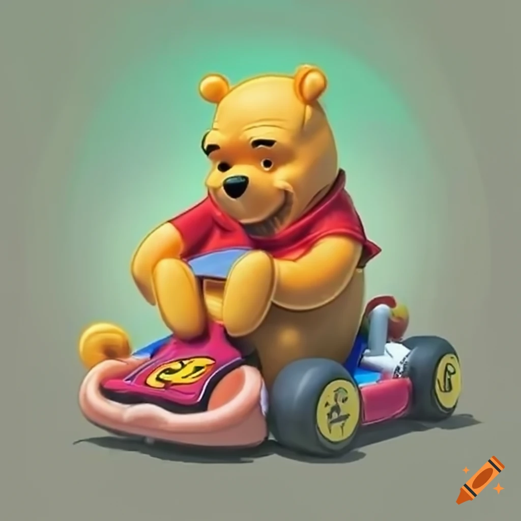 Winnie the Pooh character in a Mario Kart scene