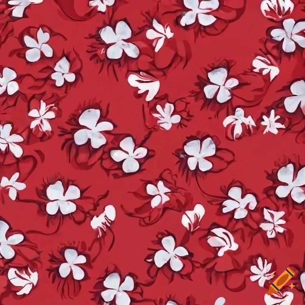 Seamless Hawaiian print red fabric with white paper cutout flowers