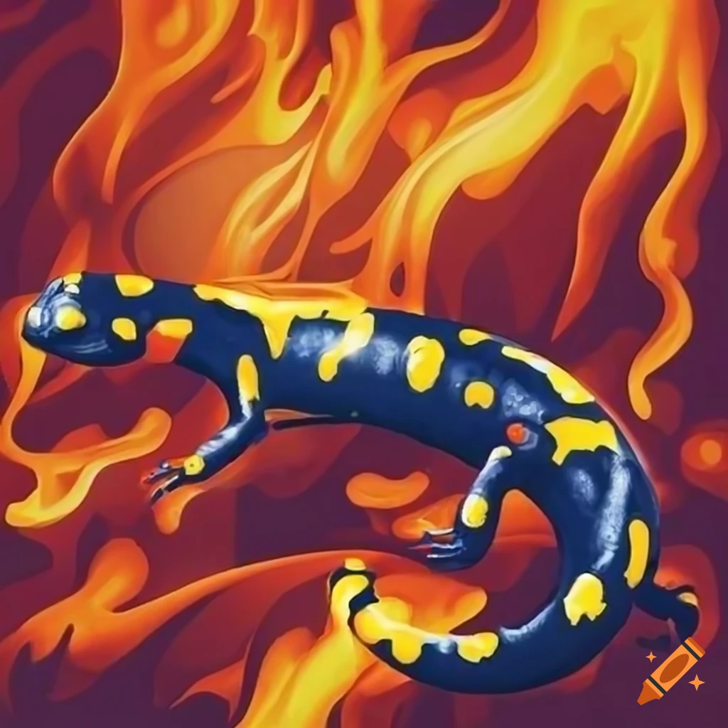 Fire salamander design featuring red, orange, and yellow hues with ...