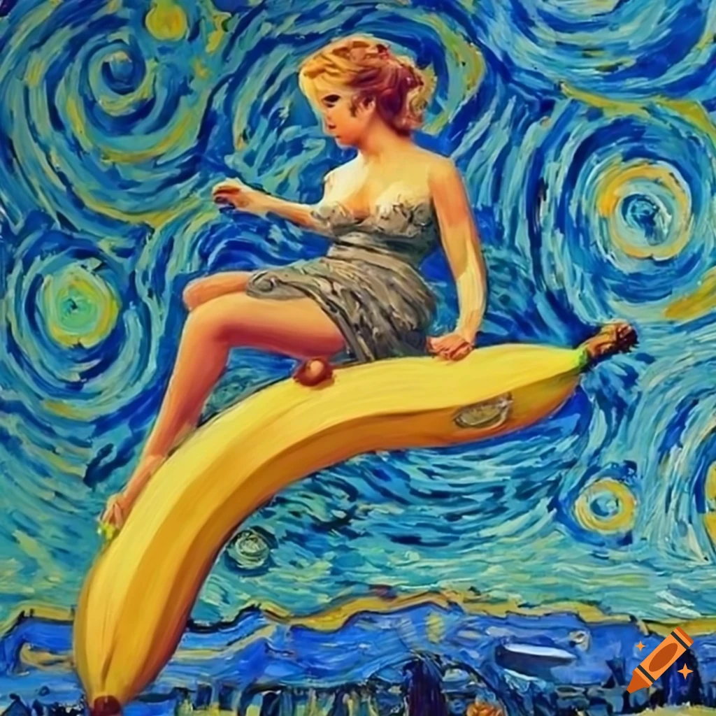 Actress Ann-Margret on a giant Banana inspired by Van Gogh