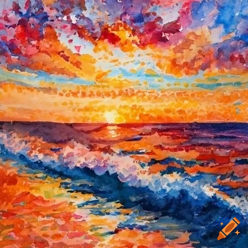 Beautiful sunset with detailed waves in the sea, watercolor pointillism