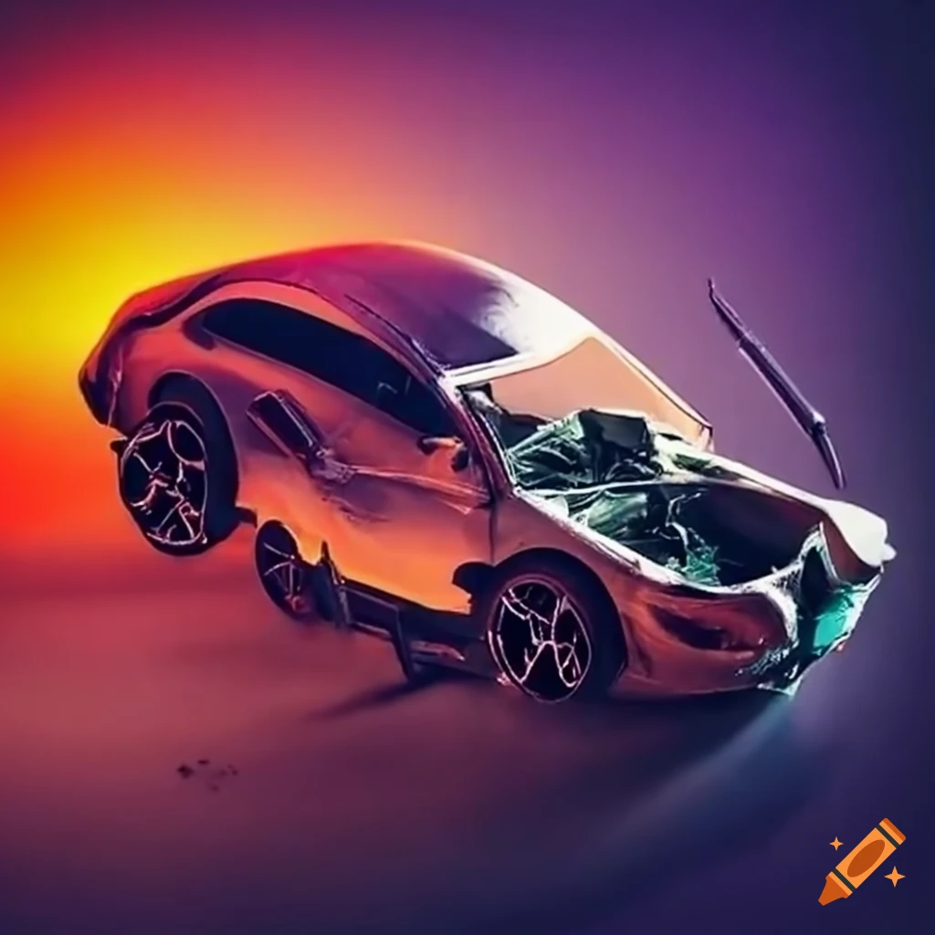 Crashed HotWheels vehicle with deployed airbags