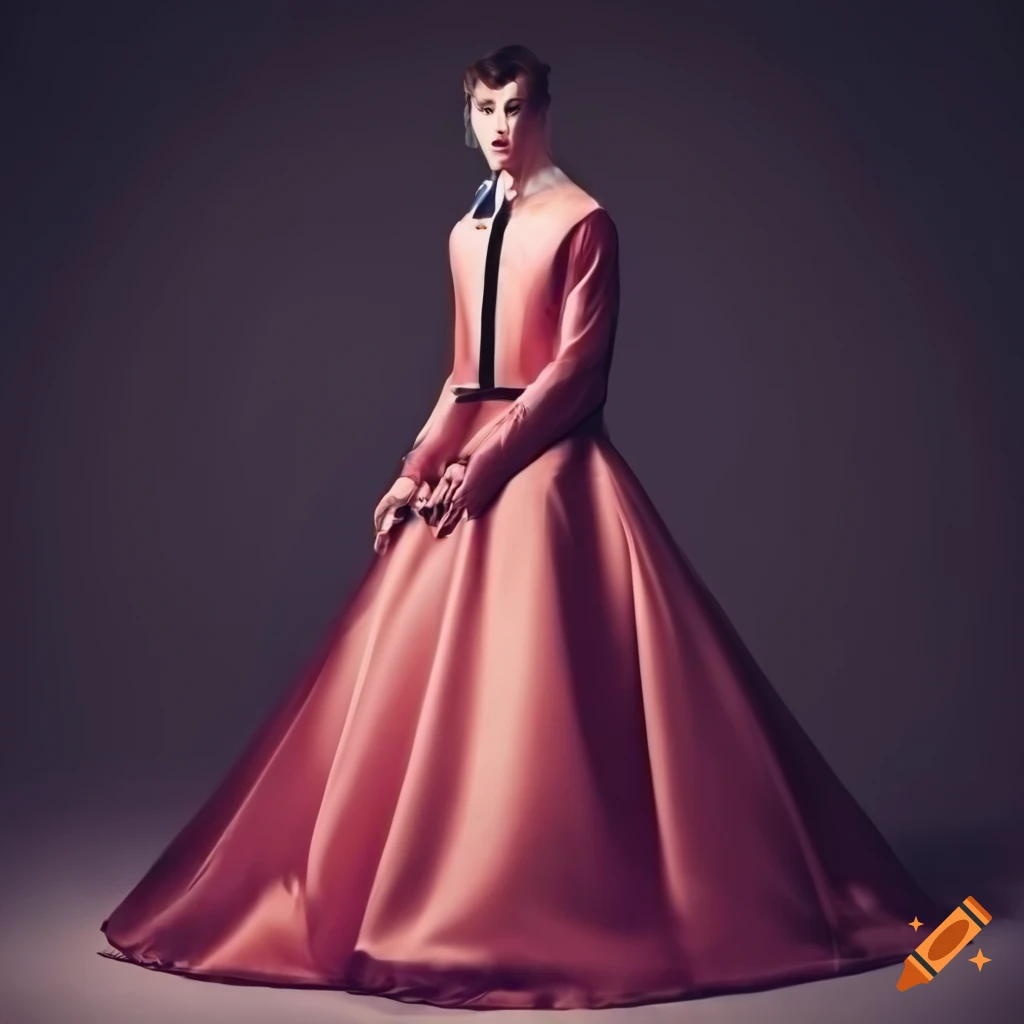 Young man in exquisite silk wedding dress with high collar and long ...