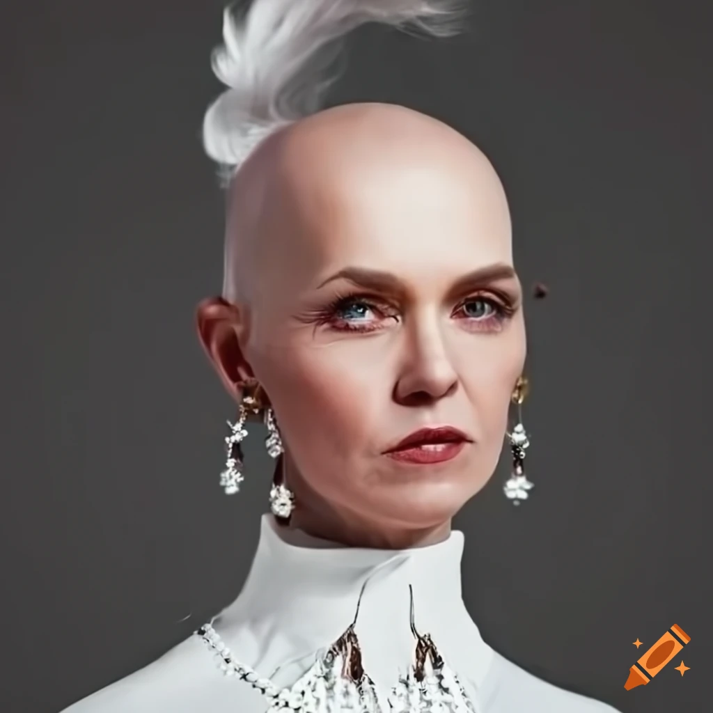 Stylish forty year old woman with shaved head and elegant attire