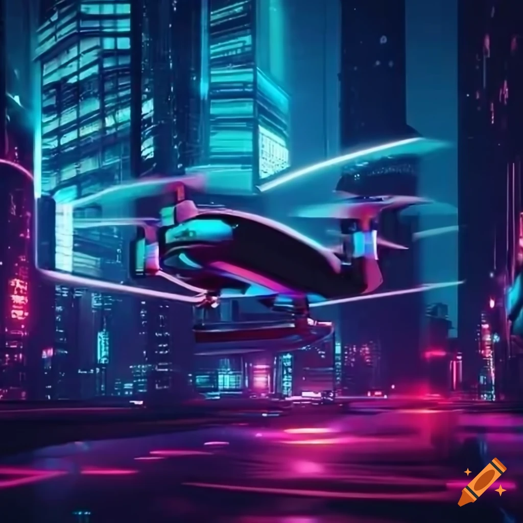 Flying vehicles and delivery drones in a dark futuristic neon city with ...