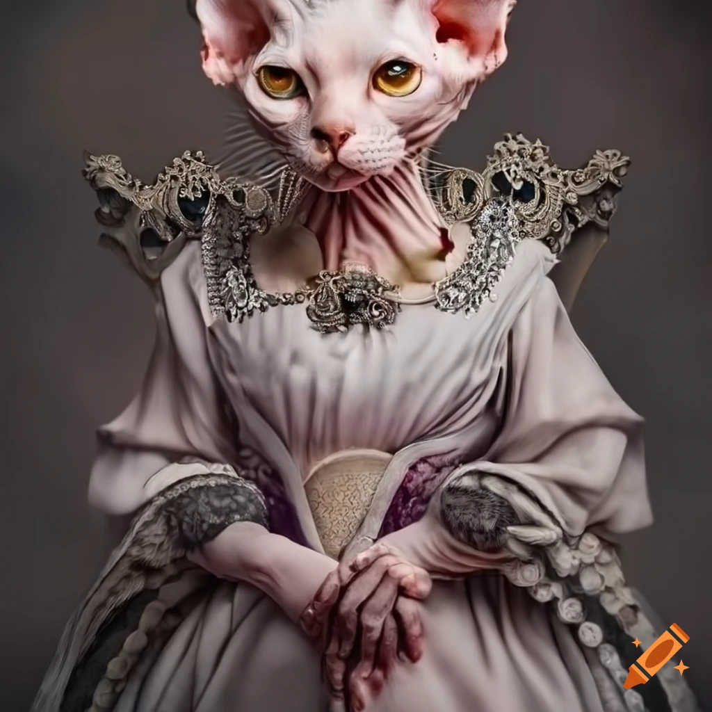 Albino sphynx cat in Victorian vampire attire with ornate accessories