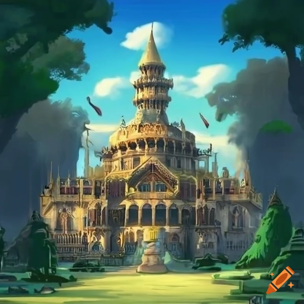 Fantasy palace exterior in Ghibli style
