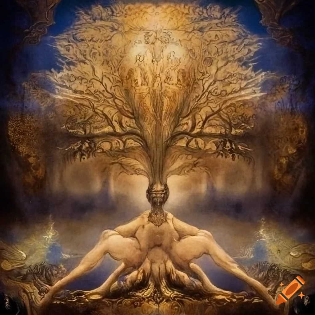 The Tree of Life in the style of William Blake depicting God in celestial heaven