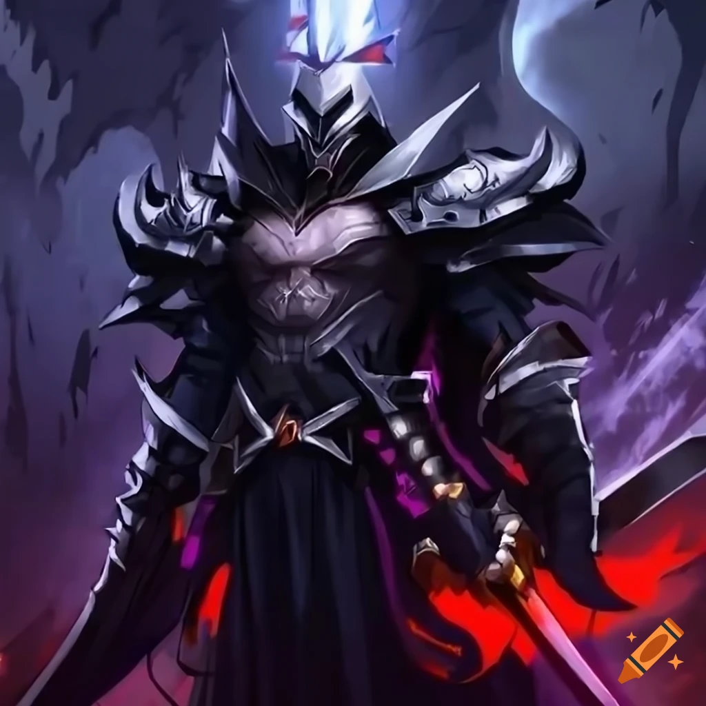 Anime dark fantasy hero with a great sword in a corrupted lair