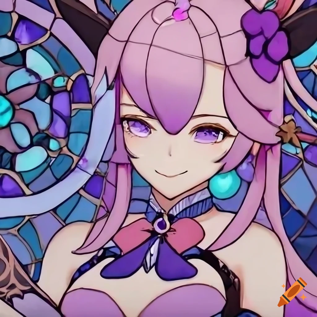 Stained glass art illustration of Sangonomiya Kokomi from Genshin Impact