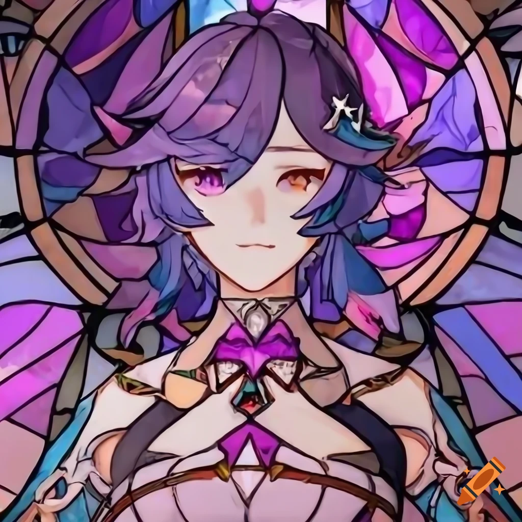 Stained glass art illustration in pink and purple tones with sharp lines