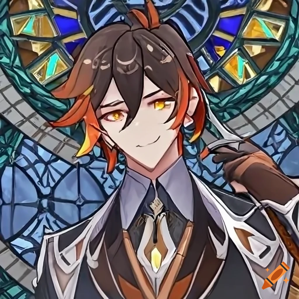 Stained glass art of Zhongli from Genshin Impact in anime style