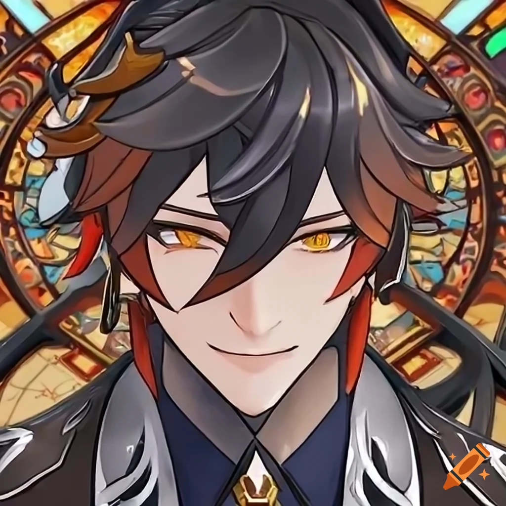 Zhongli from Genshin Impact in stained glass digital art