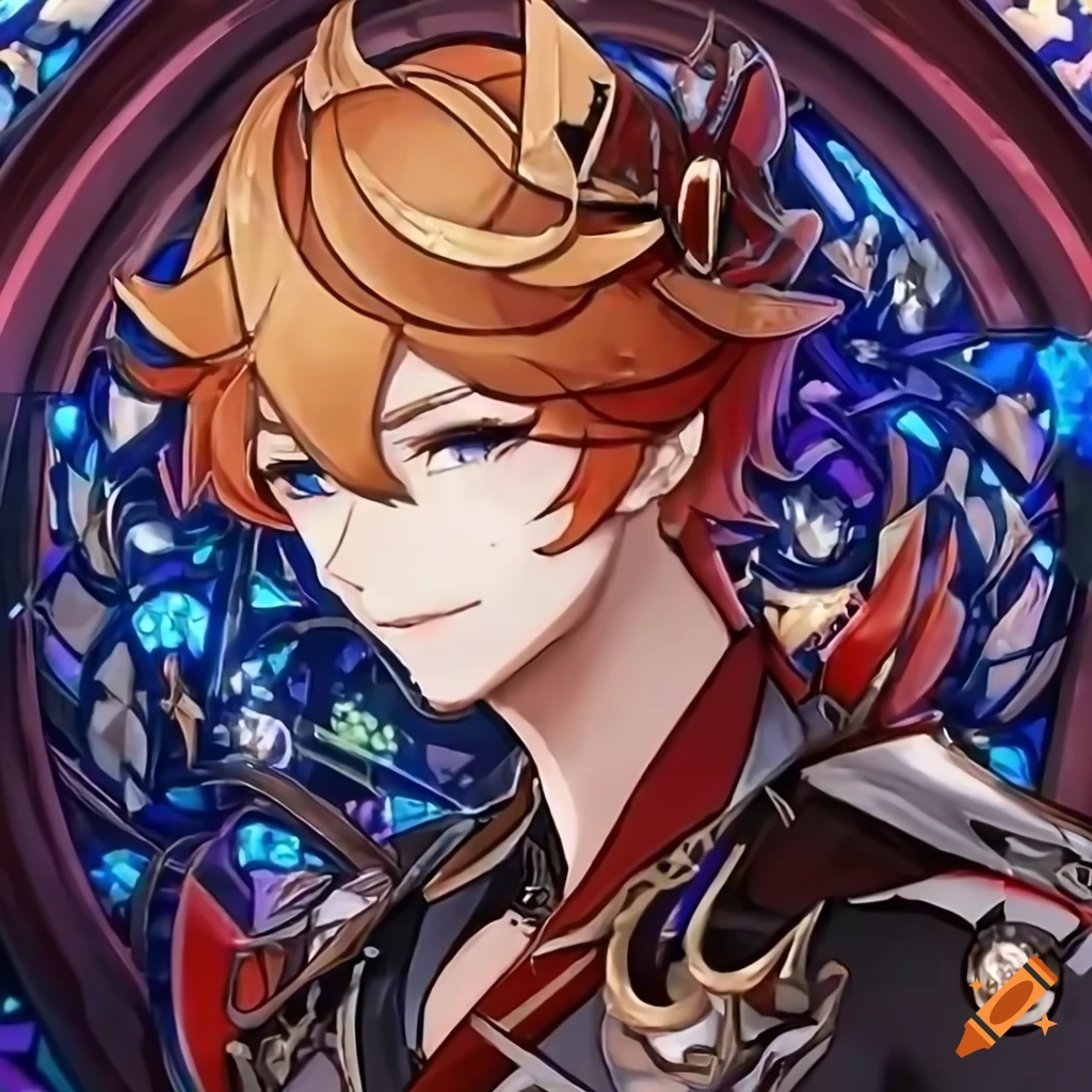 Childe from Genshin Impact in stained glass digital art style