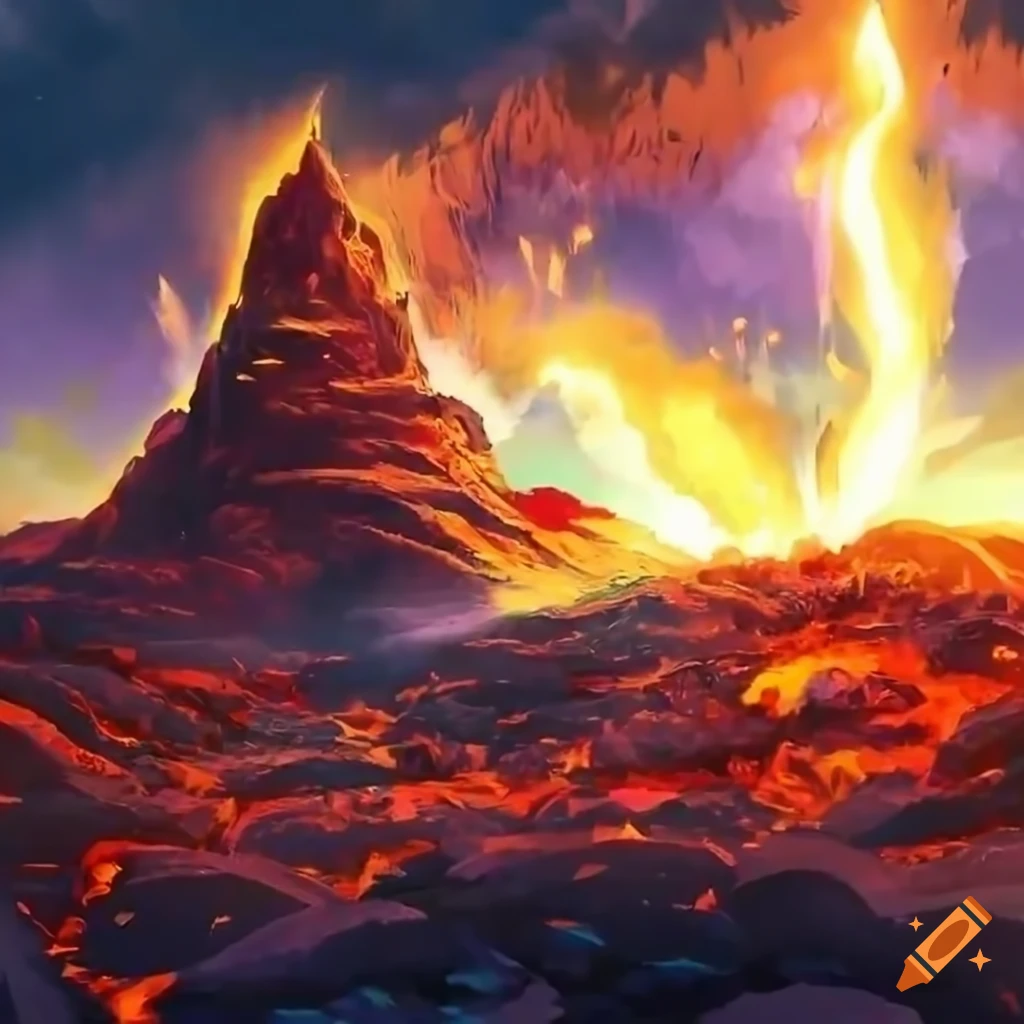 Anime mage with light magic in a fiery lava landscape