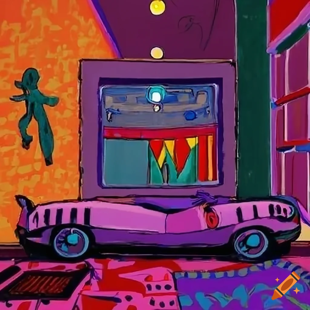Anime aliens watching a car tv show in a colorful room, outsider art style