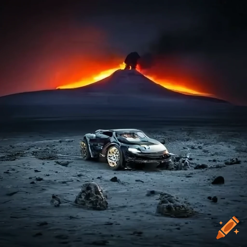 Modified black Mitsubishi Eclipse driving through a snowy wasteland with erupting volcanoes in the background at night